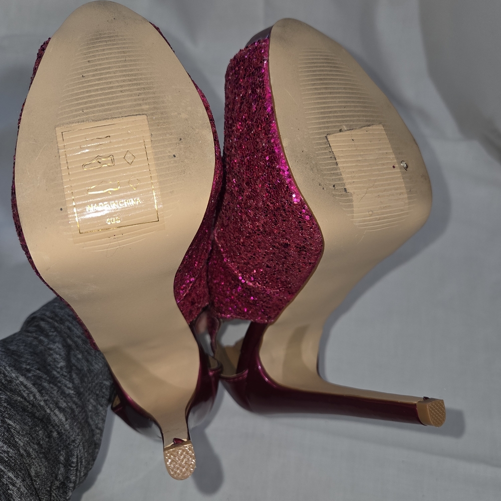 Shoe Dazzle Fuchsia Glitter Double-Strap Platform Heels - Picture 4 of 9